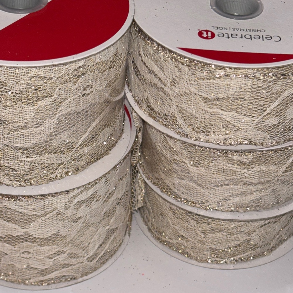 Gold Glitter Lace Ribbon Spool Gold Glitter Trim Wired Gold lace ribbon Spools